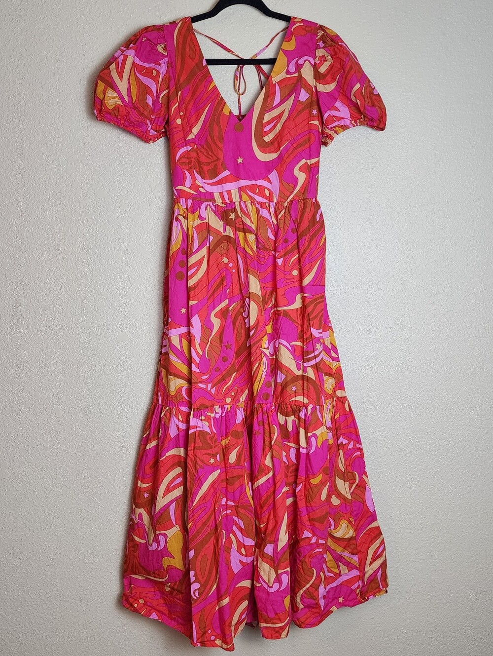 1. STATE Pink Abstract Print Open Back Midi Dress | Puff Sleeve Cotton | Medium - Picture 5 of 10